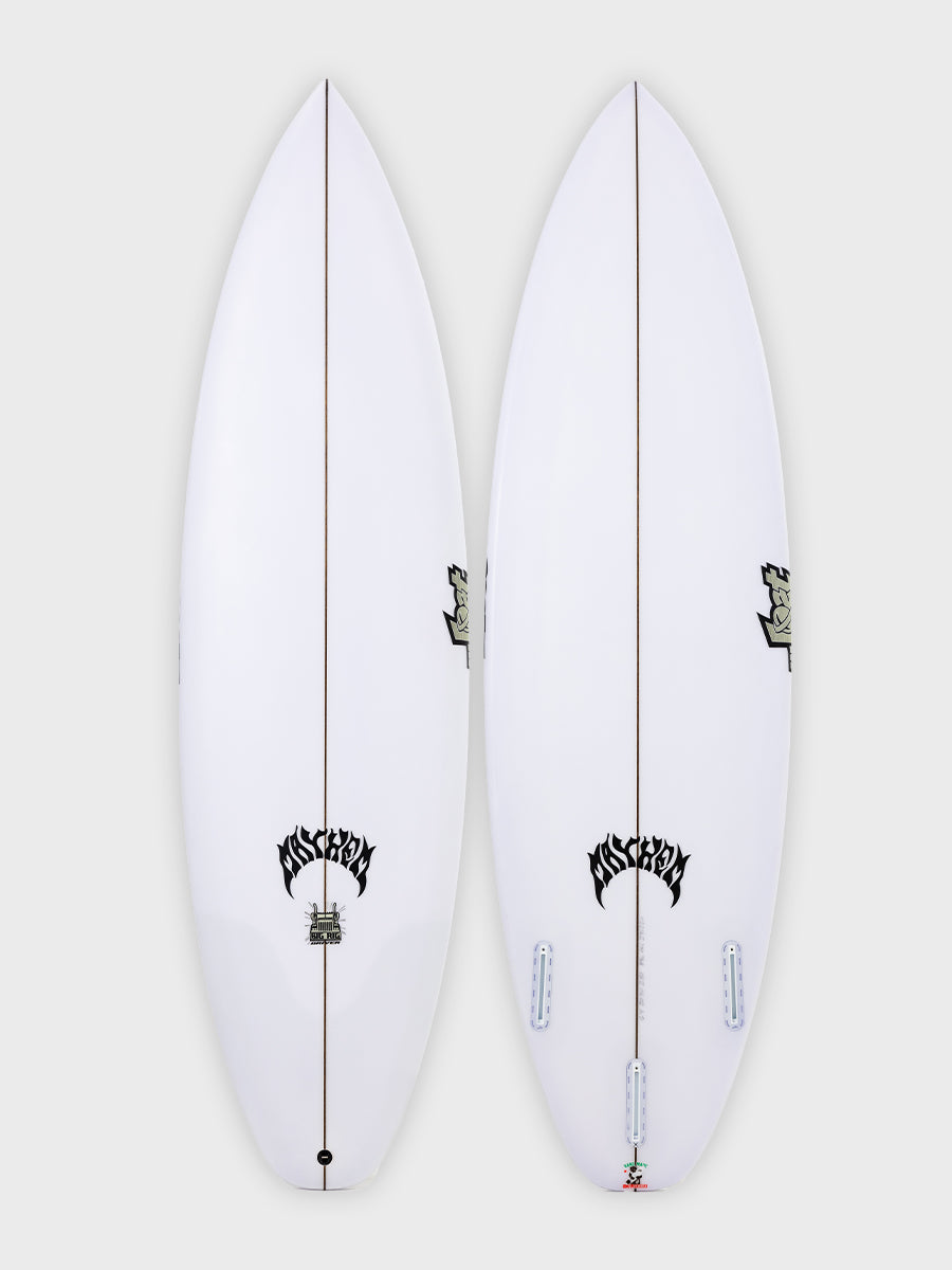 Lost Big Rig Driver surfboard - deck and bottom view with FCS II fin boxes