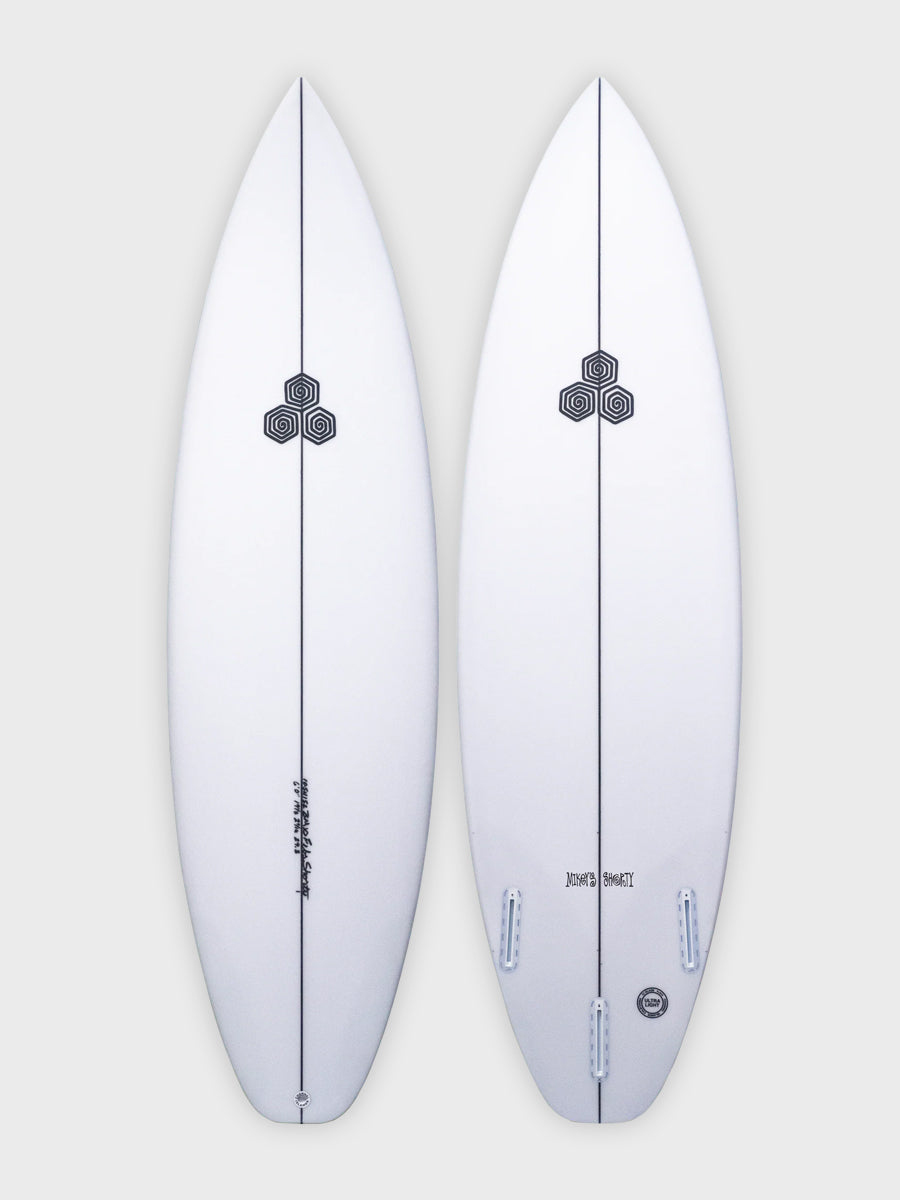Channel Islands Mikey February Shorty surfboard - deck and bottom view with Swirl Hex construction