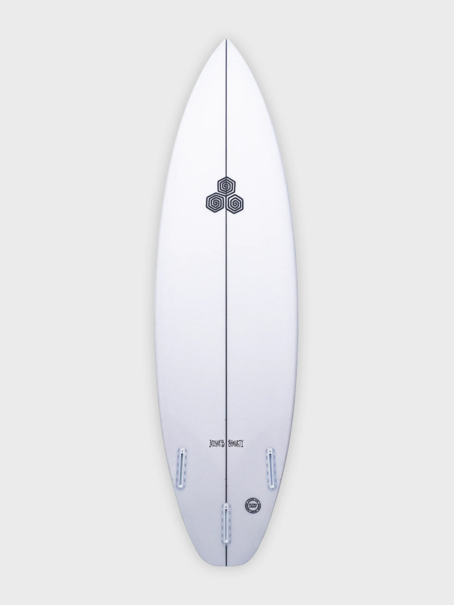 Channel Islands Mikey February Shorty surfboard showing fin box setup