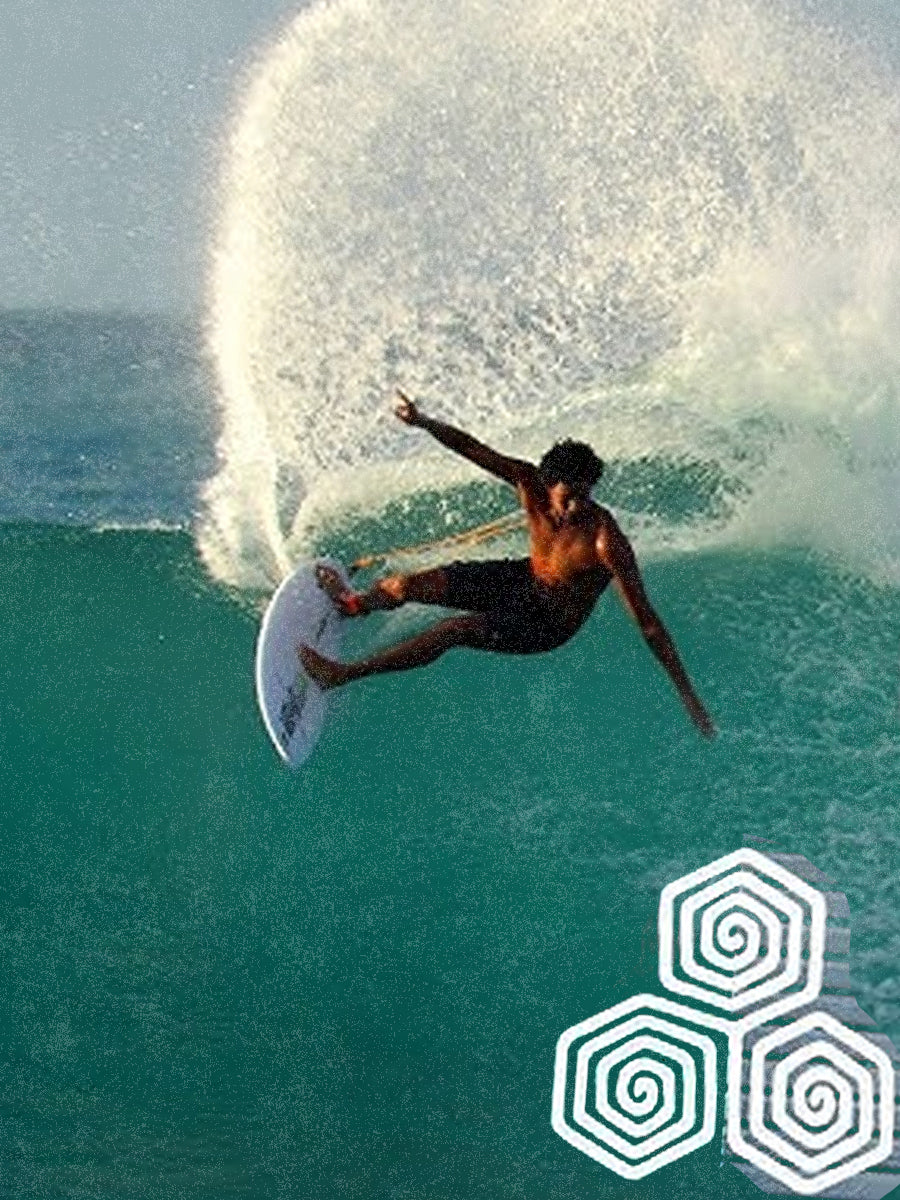 Mikey February surfing on the Channel Islands Mikey's Shorty surfboard