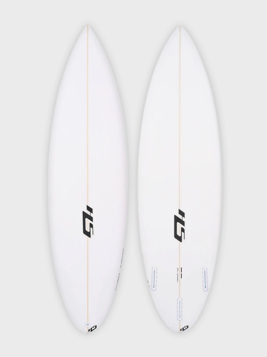 Hayden Shapes DarkNoiz surfboard deck and bottom view - round tail performance shortboard