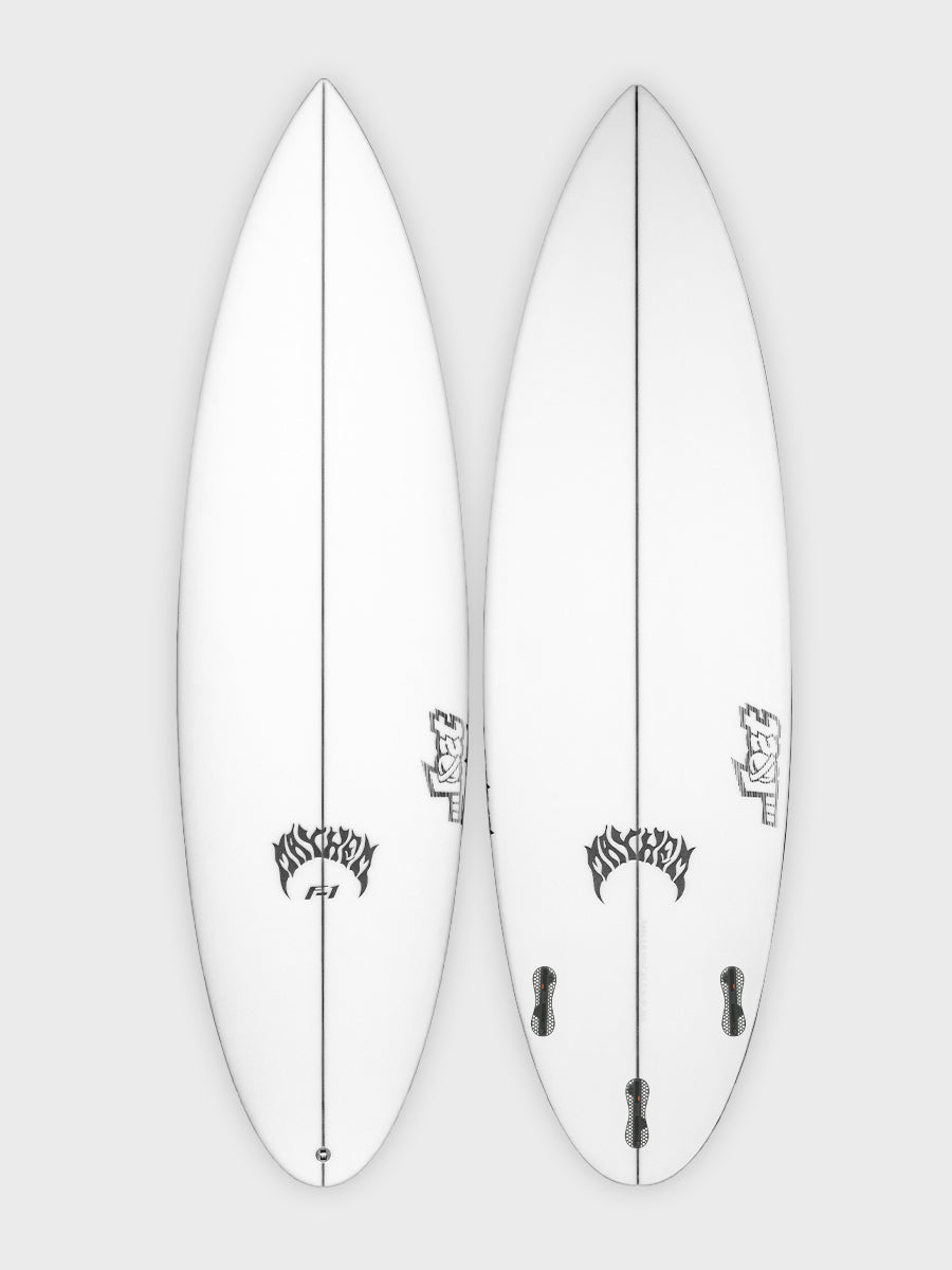 Formula 1 Round Pin Lost surfboard - deck and bottom view of the round pin performance shortboard