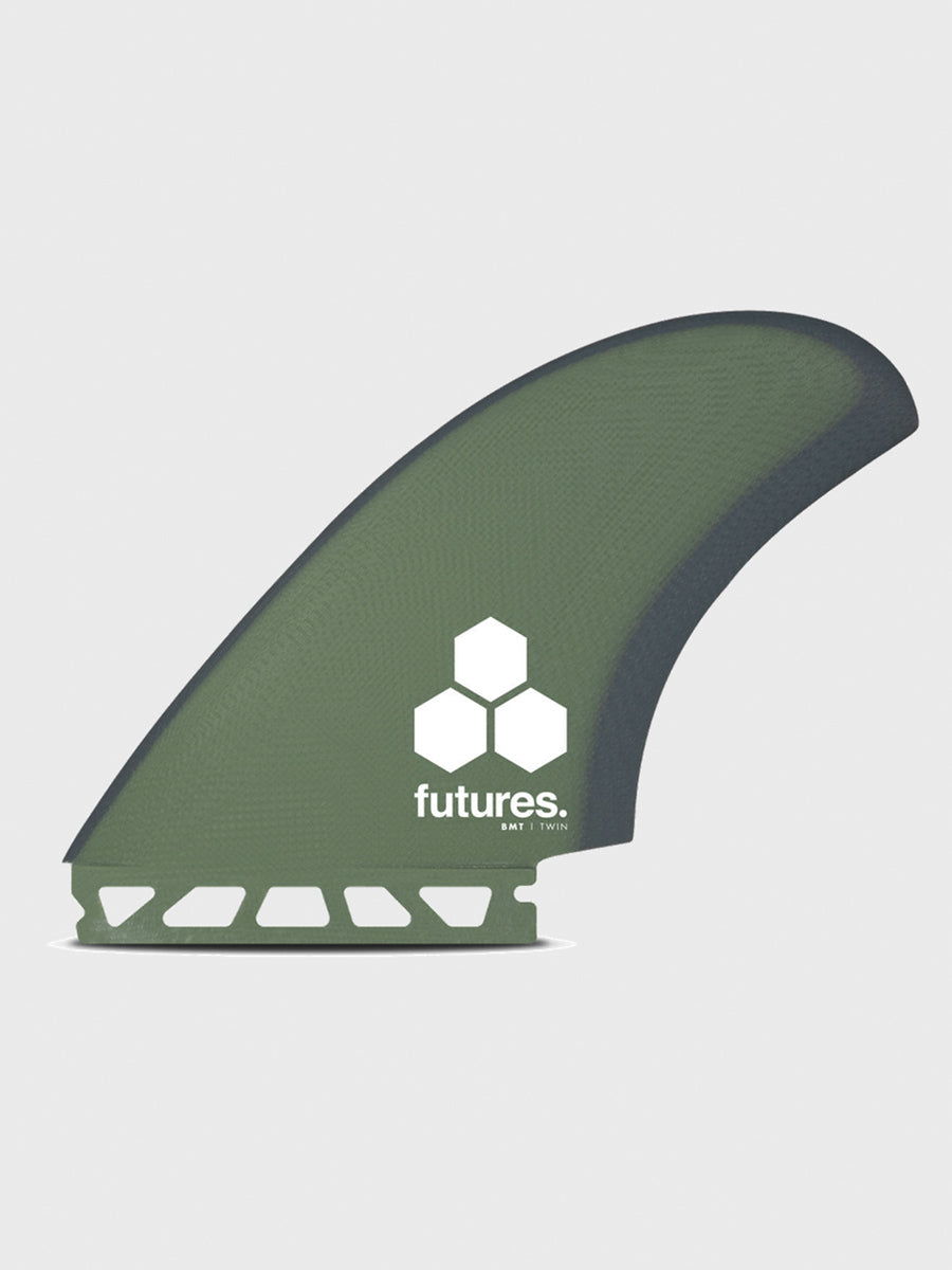 An olive green surfboard fin with a white 'futures.' logo printed on the center, shown against a light gray background.