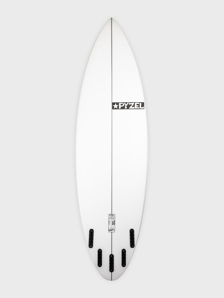 Pyzel Ghost surfboard - bottom view showing tail shape and five-fin setup
