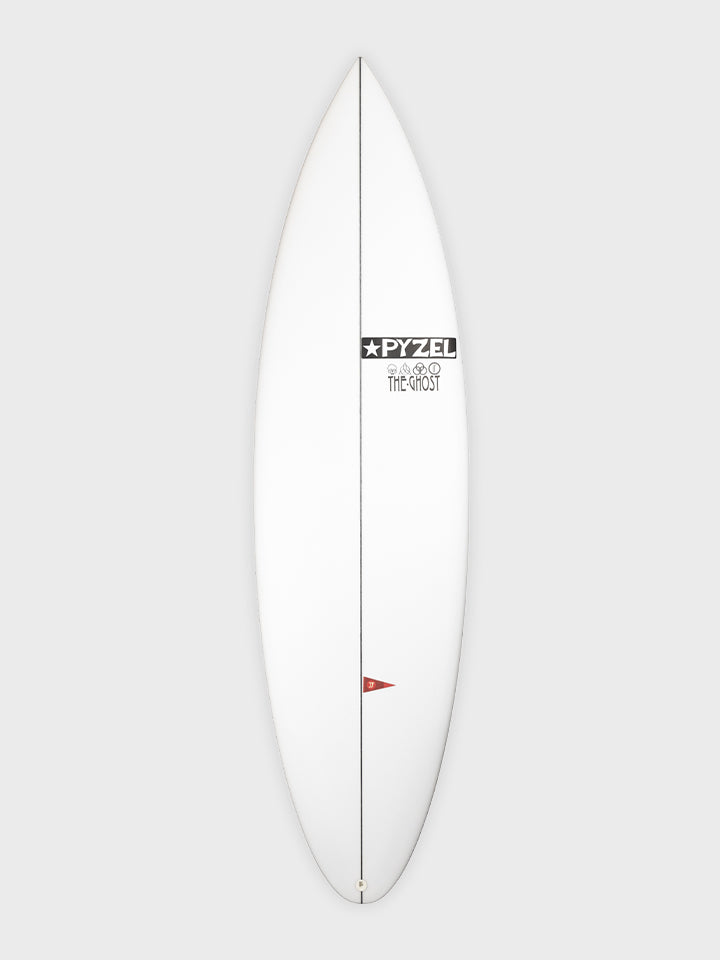 Pyzel Ghost surfboard - deck view showing logo and stringer