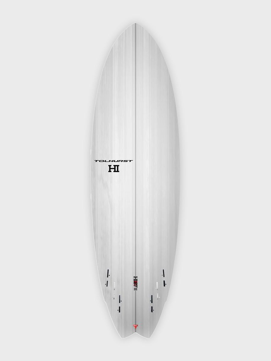 HIBT 3+3 Thunderbolt surfboard - bottom view showing fin setup