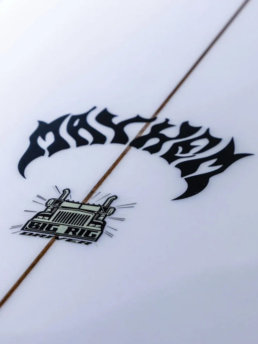 Close-up of Lost Big Rig Round surfboard deck logo and Big Rig decal