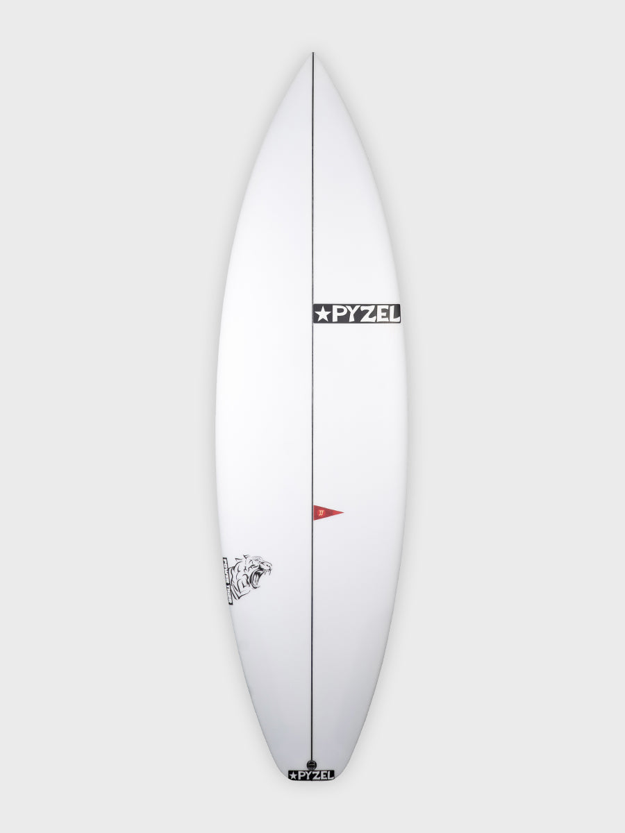 Pyzel Power Tiger surfboard deck view with logo and tail flag detail