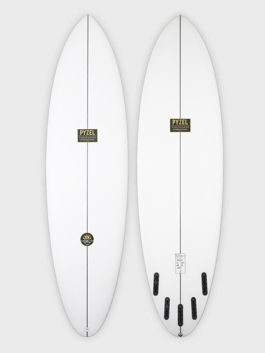 Pyzel Score Lord surfboard deck and bottom view with 5-fin setup
