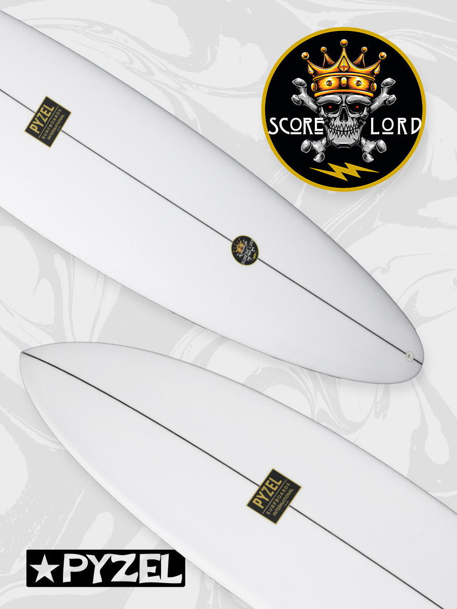 Pyzel Score Lord surfboard logo and nose detail close-up