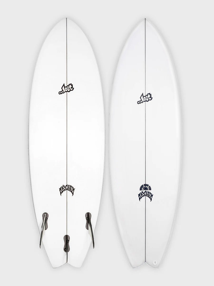 Lost RNF 96 retro fish surfboard - deck and bottom view