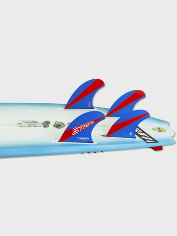 Stretch Futures Quad Blue And Red Fins On Surfboard Front And Back View