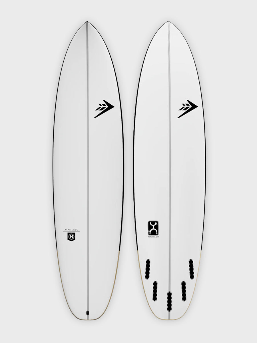 Firewire Xtra Cado surfboard by Rob Machado - deck and bottom view with 5 fin boxes