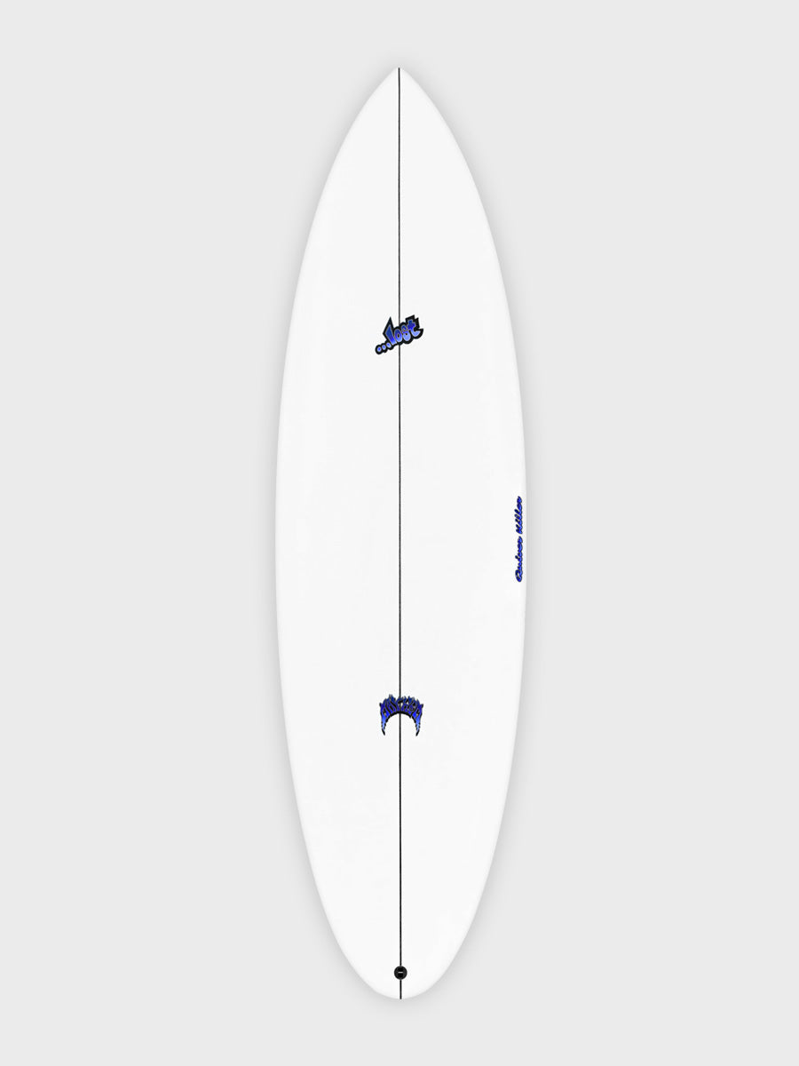 Lost Quiver Killer surfboard deck view showing stringer and fin setup