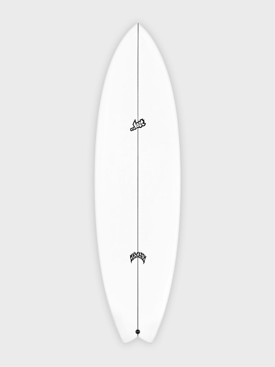 Lost RNF 96 King Fish surfboard full deck view showing swallow tail