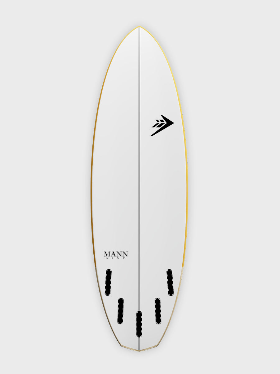 Firewire Spun Honey surfboard bottom view showing 5-fin box configuration