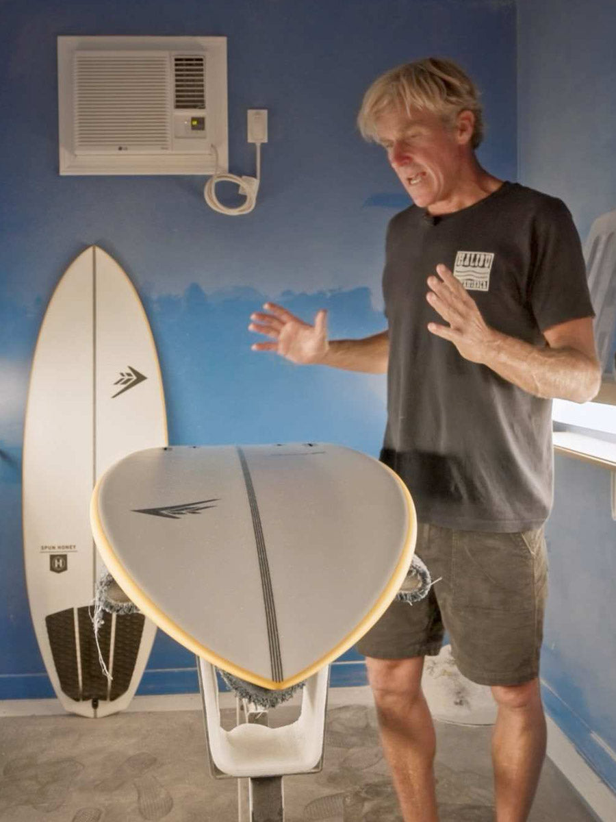 Firewire shaper explaining the Spun Honey surfboard's swallow tail design