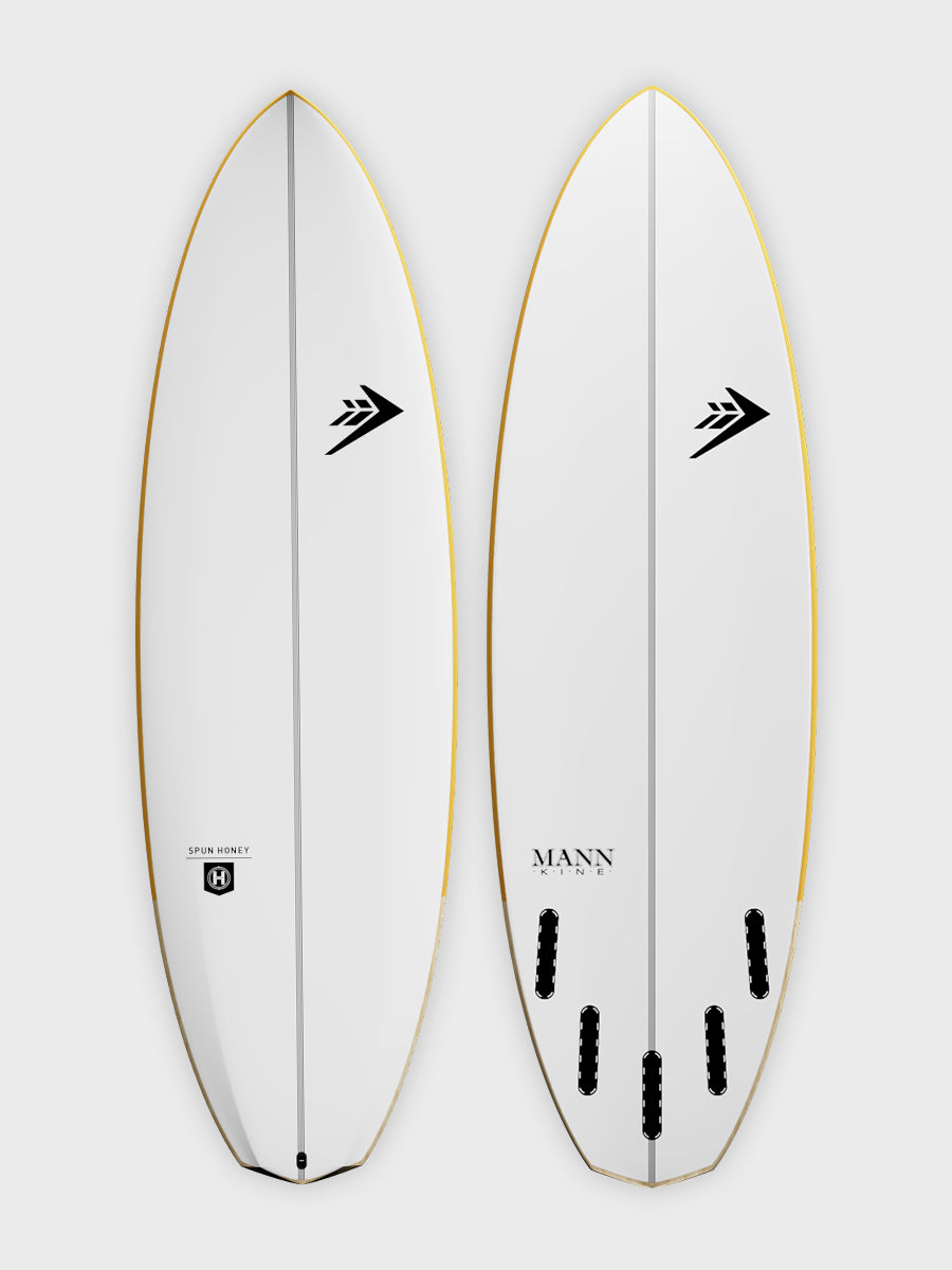 Firewire Spun Honey surfboard - deck and bottom view showing 5-fin Futures setup