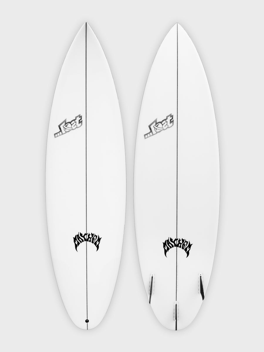 Lost Driver 3.0 Round surfboard - deck and bottom view showing thruster fin setup
