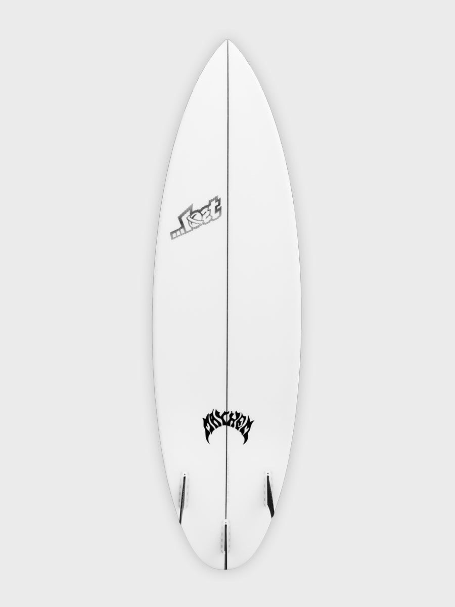 Lost Driver 3.0 Round surfboard - bottom view with thruster fin setup