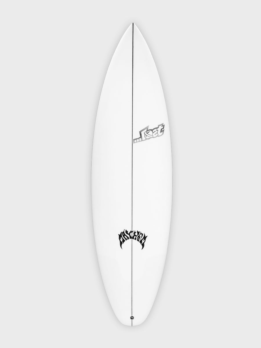 Driver 3.0 Squash Lost surfboard - deck view showing logo and stringer