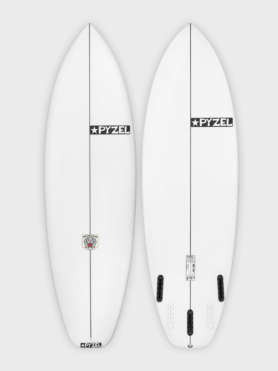 Pyzel White Tiger surfboard - deck and bottom view of the daily driver shortboard